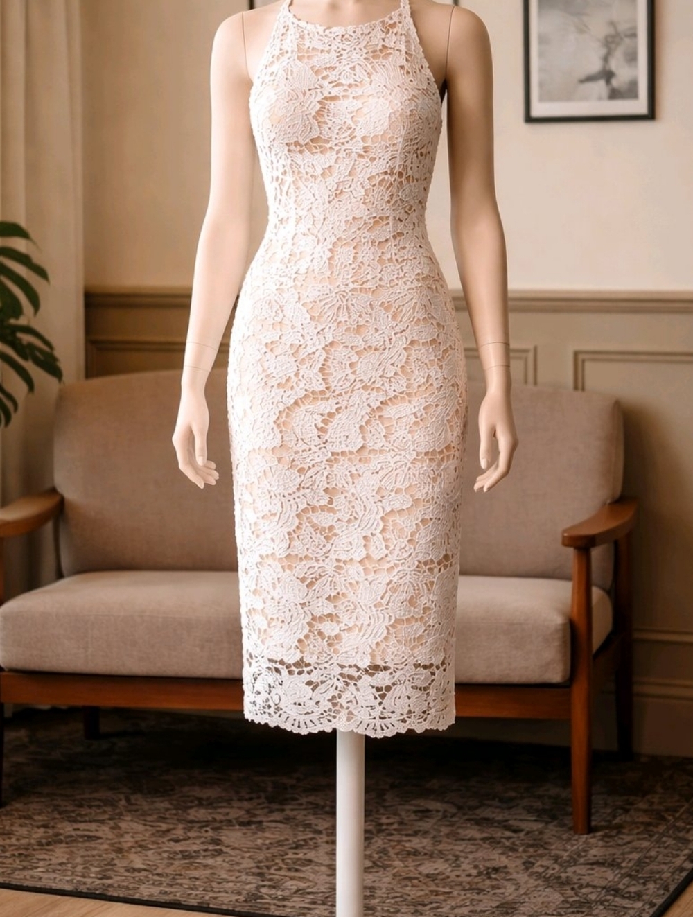 MARINA NWT Cream Lace Halter Crochet Overlay Midi Dress
